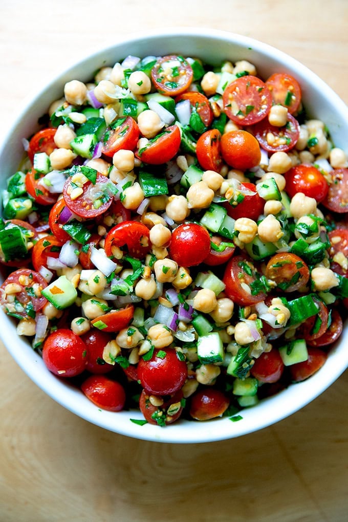Minute Herby Chickpea Salad: Fresh Tomatoes, Cukes & Pine Nuts